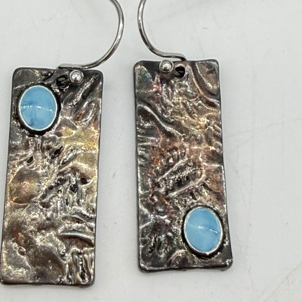 Vtg Bar Dangle Earrings Turquoise Colored Enamel Silver Plated Boho Oxidized